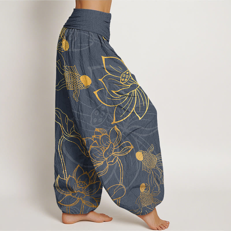 Buddha Stones Lotus Leaf Koi Fish Women's Elastic Waist Harem Pants