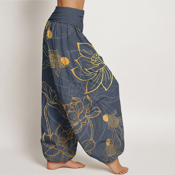 Buddha Stones Cotton Lotus Leaf Koi Fish Women's Elastic Waist Harem Pants - image 5