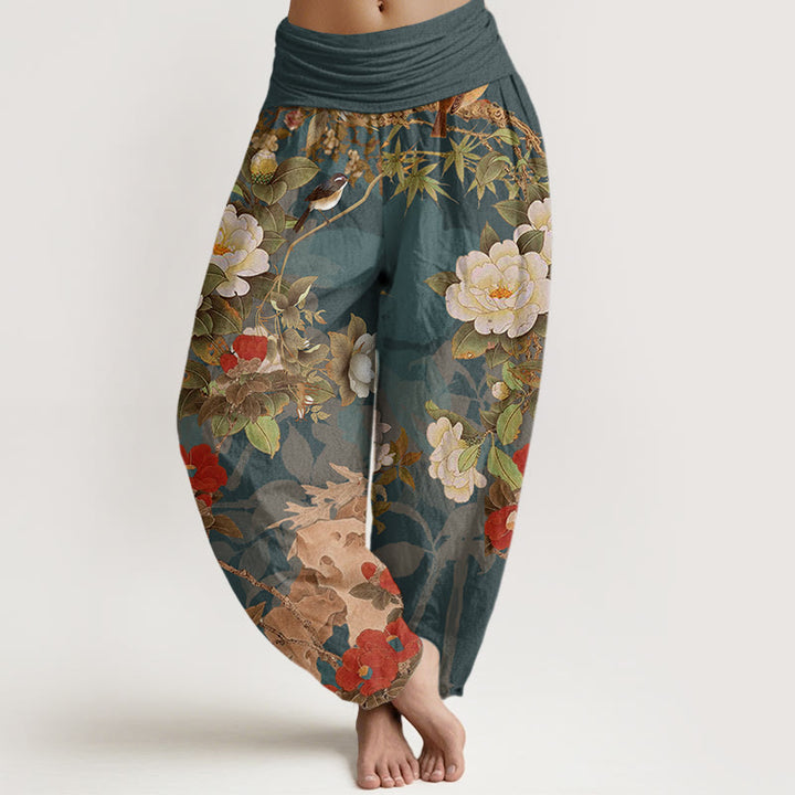 Buddha Stones Casual Peony Flowers Leaves Magpie Women's Elastic Waist Harem Pants