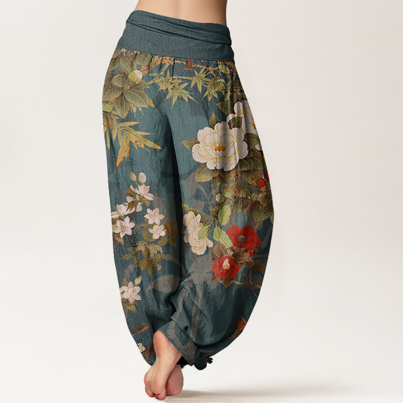 Buddha Stones Cotton Casual Peony Flowers Leaves Magpie Women's Elastic Waist Harem Pants - image 2