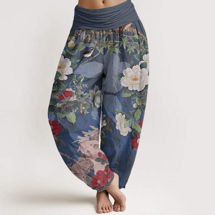 Buddha Stones Cotton Casual Peony Flowers Leaves Magpie Women's Elastic Waist Harem Pants - SteelBlue - US22，UK/AU26，EU54 (6XL) - image 7