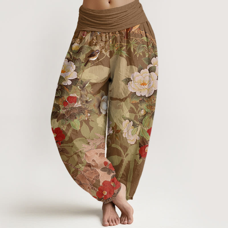 Buddha Stones Cotton Casual Peony Flowers Leaves Magpie Women's Elastic Waist Harem Pants - DarkGoldenrod - US22，UK/AU26，EU54 (6XL) - image 4