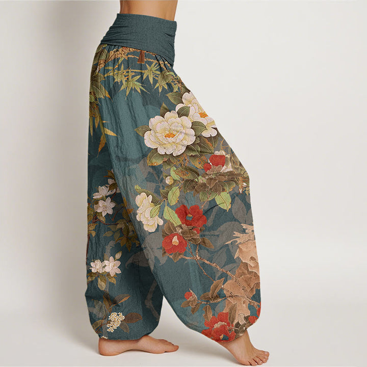 Buddha Stones Casual Peony Flowers Leaves Magpie Women's Elastic Waist Harem Pants