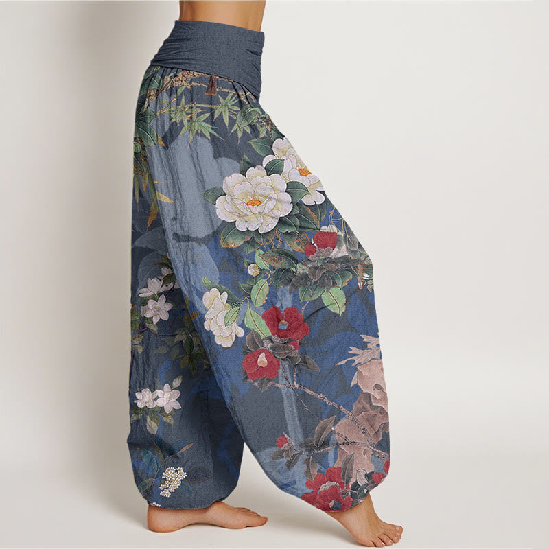 Buddha Stones Cotton Casual Peony Flowers Leaves Magpie Women's Elastic Waist Harem Pants - image 8