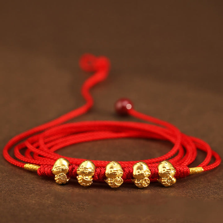 Buddha Stones 999 Gold Ingot Coin Ruyi Gourd Fu Character Year of the Snake Red String Belly Chain