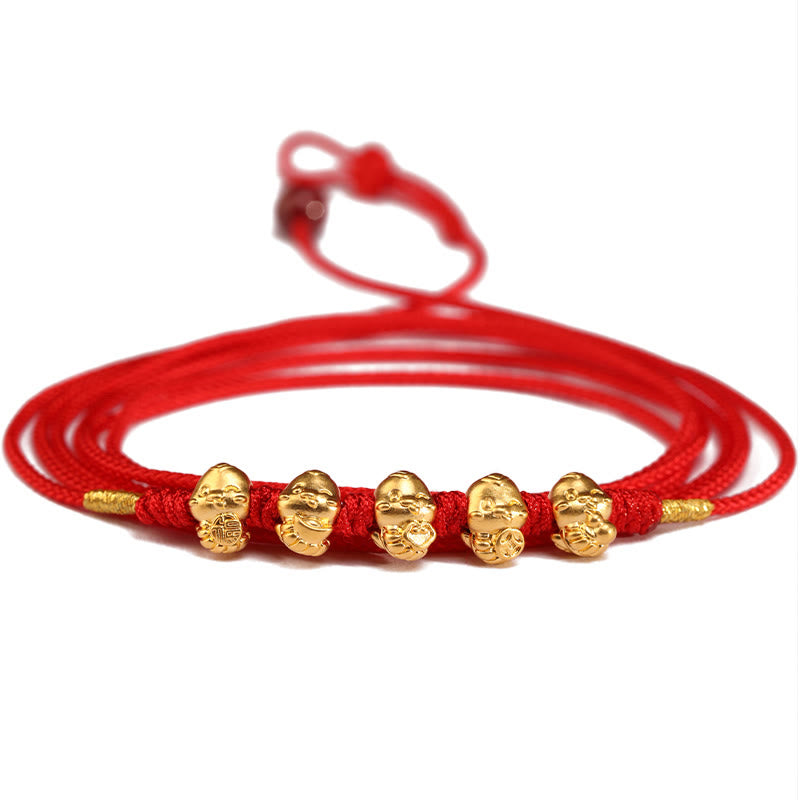 Buddha Stones 999 Gold Ingot Coin Ruyi Gourd Fu Character Year of the Snake Red String Belly Chain