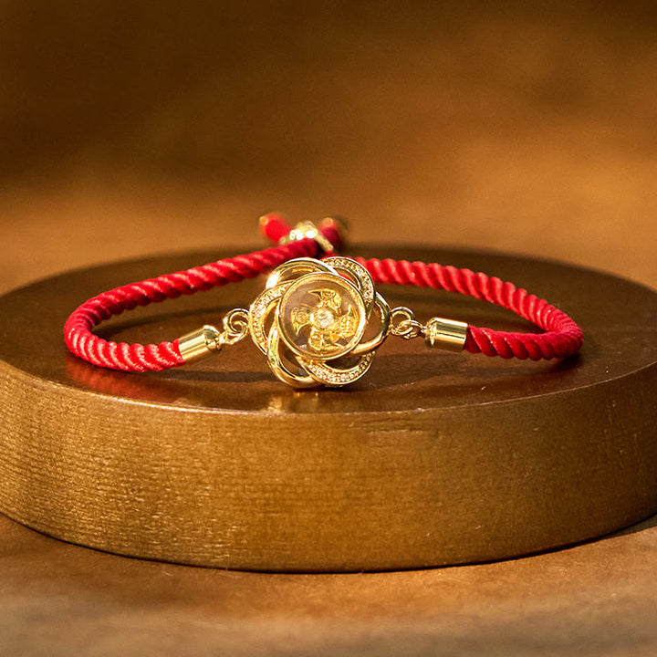 Buddha Stones Rotatable Plum Red String Copper Brass Windmill Feng Sheng Shui Qi Protection Braided Bracelet