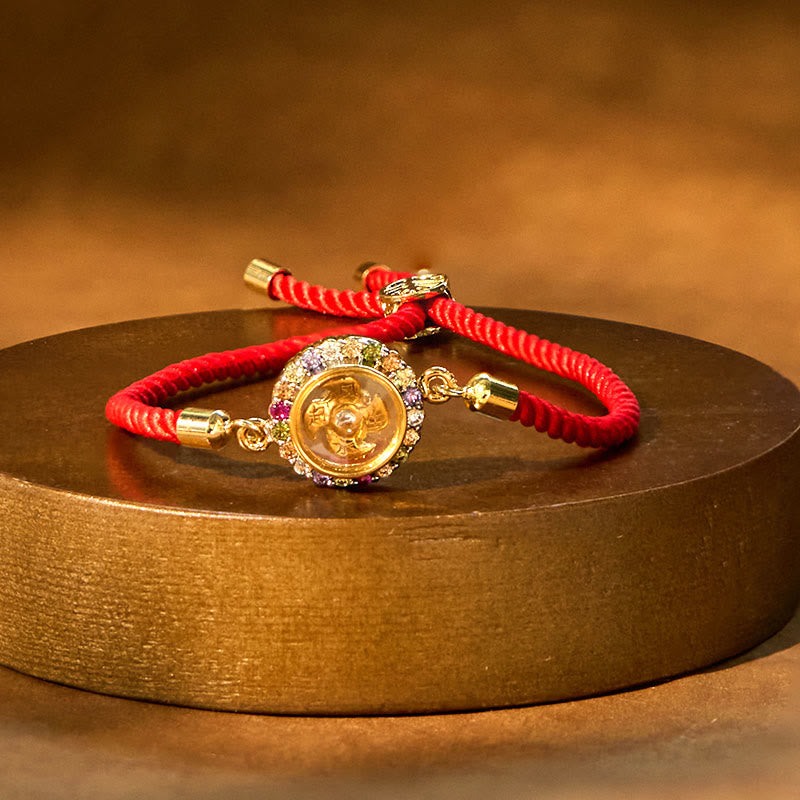 Buddha Stones Copper Brass Color Rotatable Windmill Feng Sheng Shui Qi Fu Red String Faith Braided Bracelet