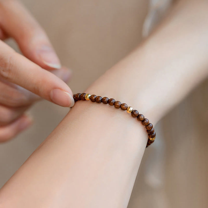 Buddha Stones 4mm Ultra-thin Sandalwood 14K Gold Plated Copper Beads Protection Bracelet