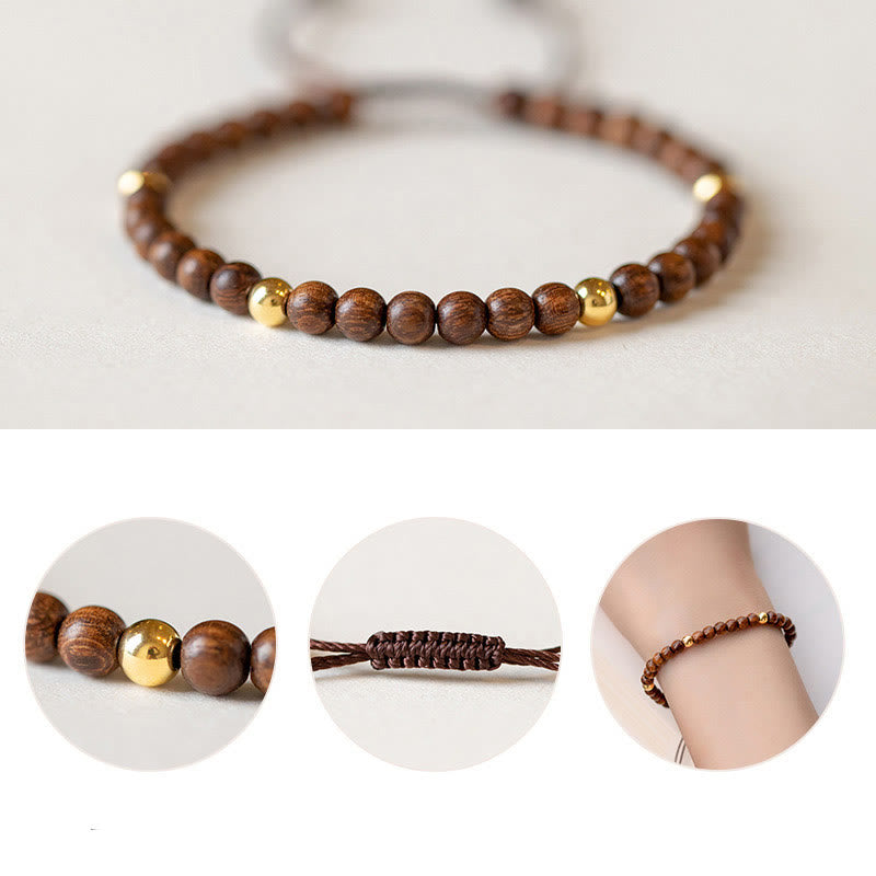 Buddha Stones 4mm Ultra-thin Sandalwood 14K Gold Plated Copper Beads Protection Bracelet