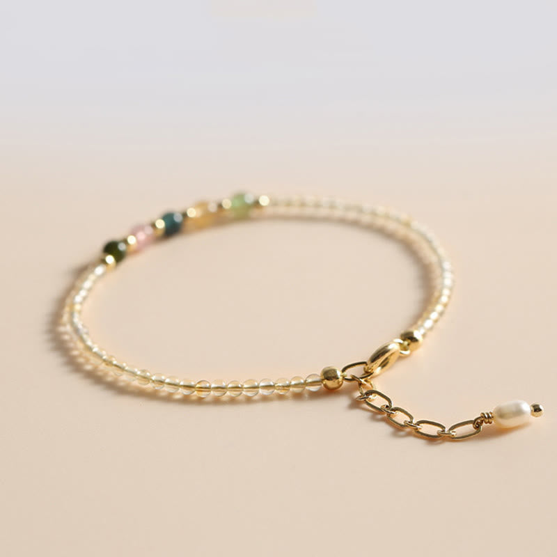 Buddha Stones 2.5mm Ultra-thin Citrine Tourmaline 14K Gold Filled Copper Beads Prosperity Bracelet