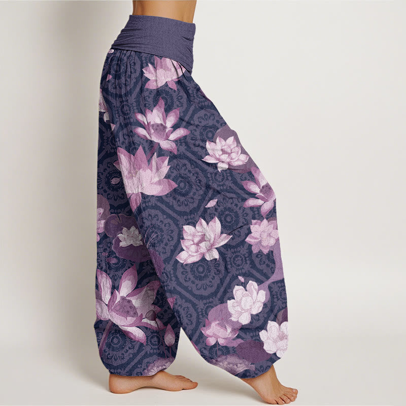 Buddha Stones Lotus Leaf Pattern Women's Elastic Waist Harem Pants