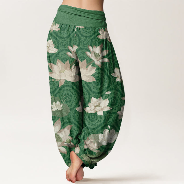 Buddha Stones Lotus Leaf Pattern Women's Elastic Waist Harem Pants