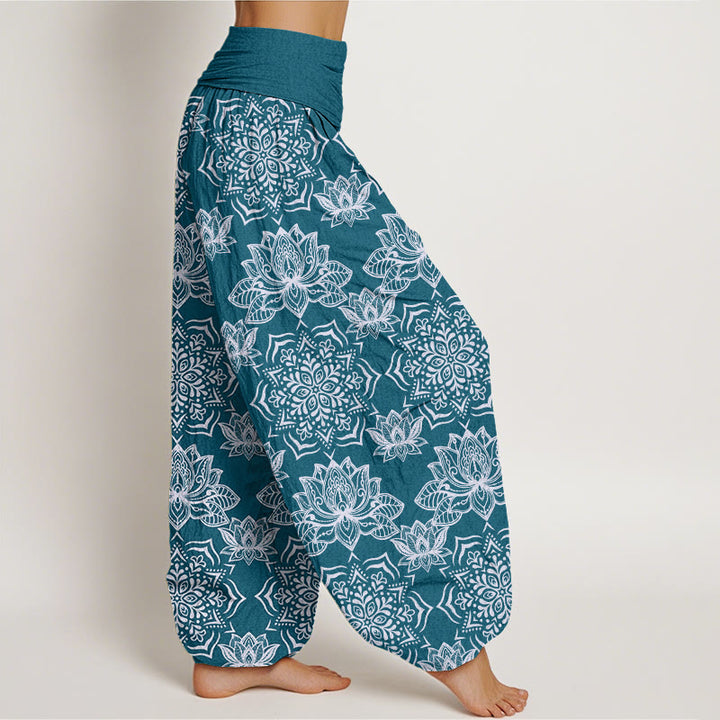 Buddha Stones Casual Lotus Mandala Pattern Women's Elastic Waist Harem Pants