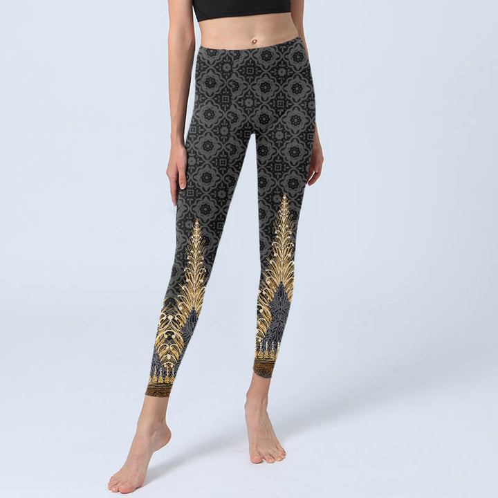 Buddha Stones Dark Gray Geometric Gold Feather Print Gym Leggings Women's Yoga Pants - image 5