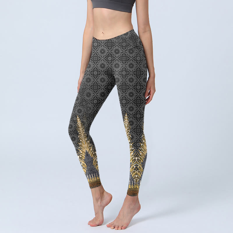 Buddha Stones Dark Gray Geometric Gold Feather Print Gym Leggings Women's Yoga Pants