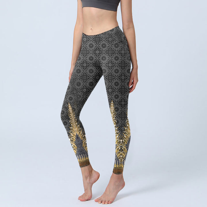 Buddha Stones Dark Gray Geometric Gold Feather Print Gym Leggings Women's Yoga Pants - DimGray - US18，UK/AU22，EU50 (4XL) - image 1