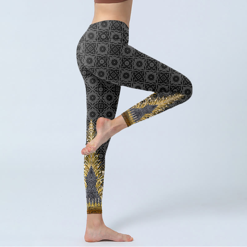Buddha Stones Dark Gray Geometric Gold Feather Print Gym Leggings Women's Yoga Pants - image 3