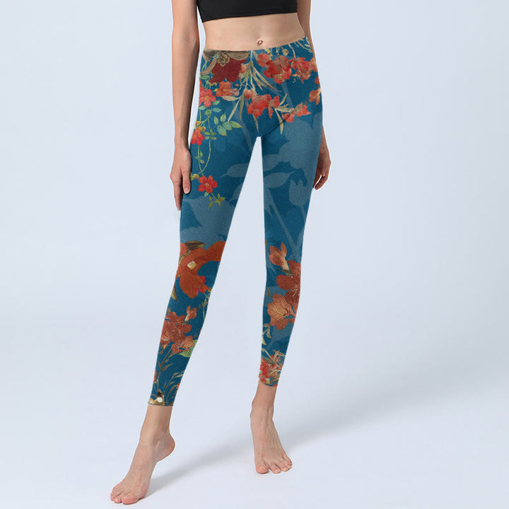 Buddha Stones Blue Red Flowers Birds Print Gym Leggings Women's Yoga Pants - image 6