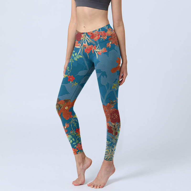 Buddha Stones Blue Red Flowers Birds Print Gym Leggings Women's Yoga Pants - SteelBlue - US18，UK/AU22，EU50 (4XL) - image 1