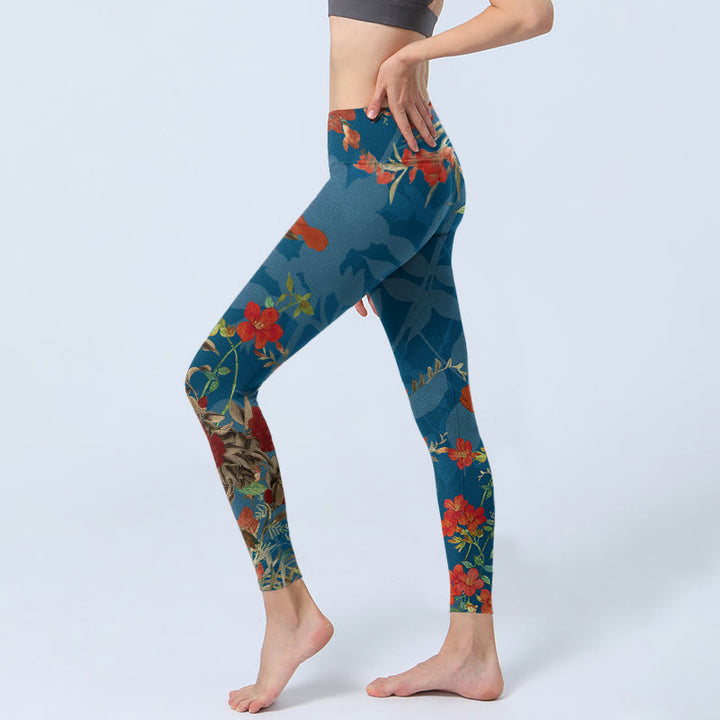 Buddha Stones Blue Red Flowers Birds Print Gym Leggings Women's Yoga Pants