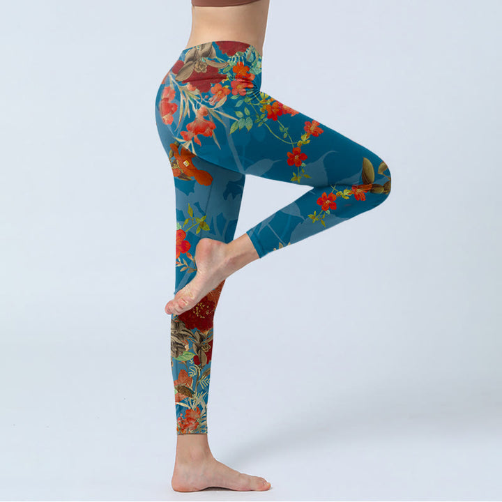 Buddha Stones Blue Red Flowers Birds Print Gym Leggings Women's Yoga Pants - image 3