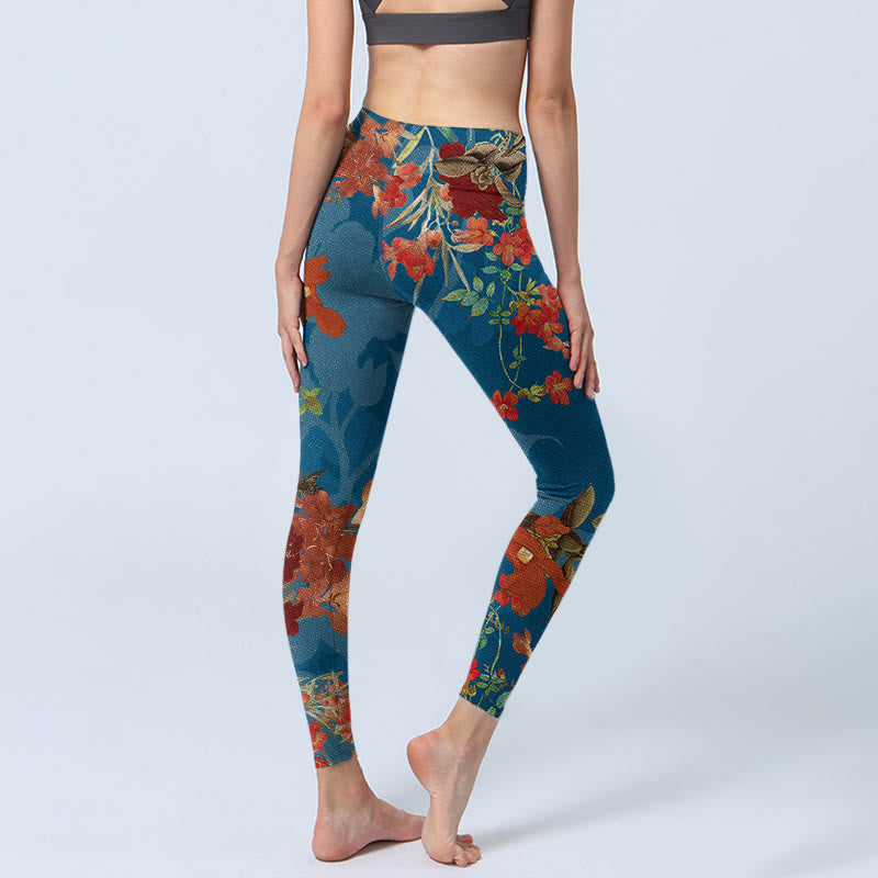 Buddha Stones Blue Red Flowers Birds Print Gym Leggings Women's Yoga Pants - image 5