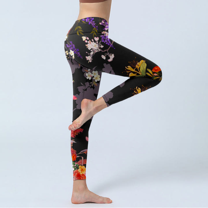 Buddha Stones Black Colorful Flowers Print Gym Leggings Women's Yoga Pants - image 3