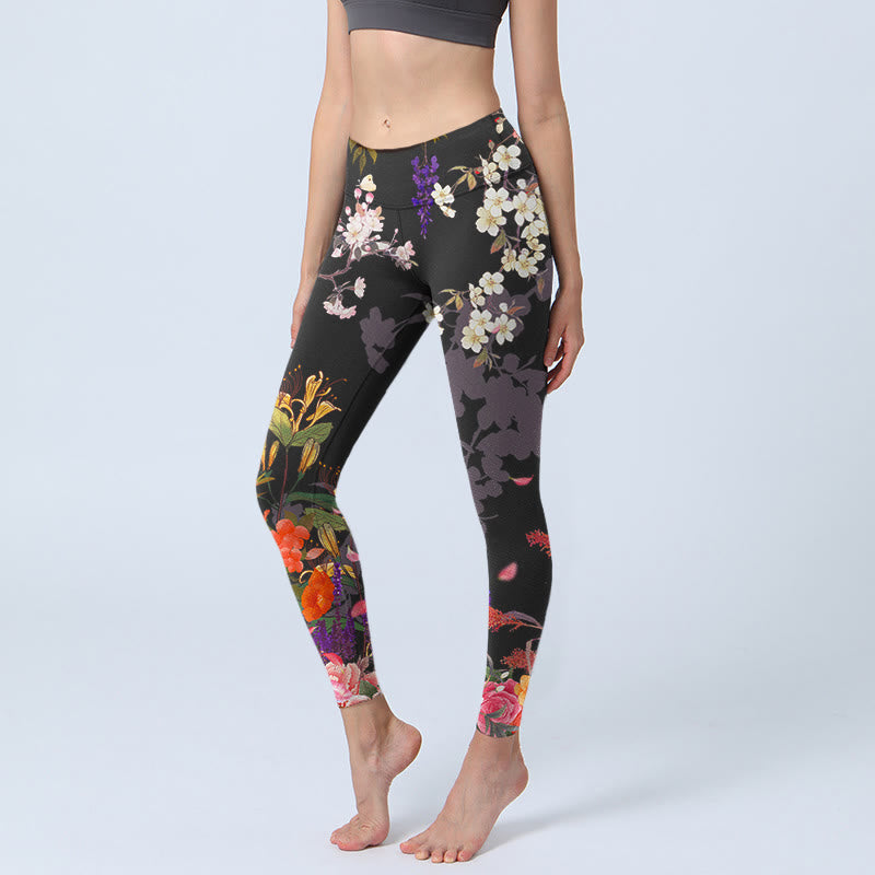 Buddha Stones Black Colorful Flowers Print Gym Leggings Women's Yoga Pants - Black - US18，UK/AU22，EU50 (4XL) - image 0