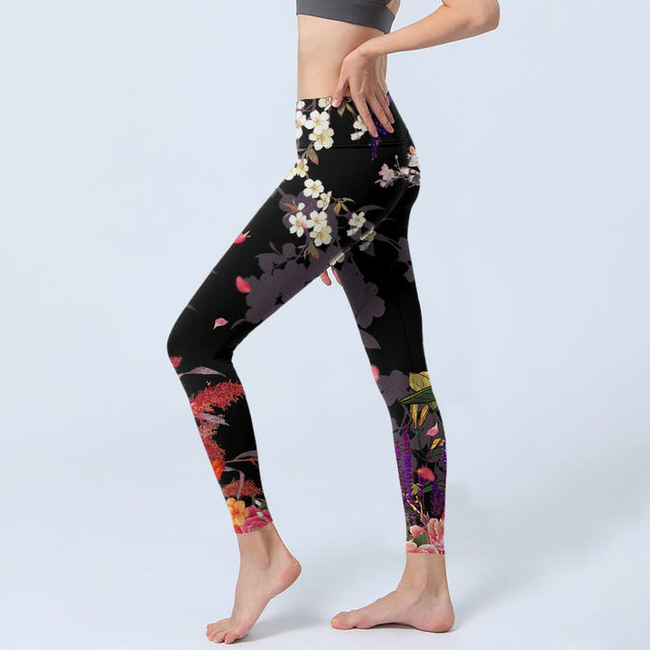 Buddha Stones Black Colorful Flowers Print Gym Leggings Women's Yoga Pants - image 2