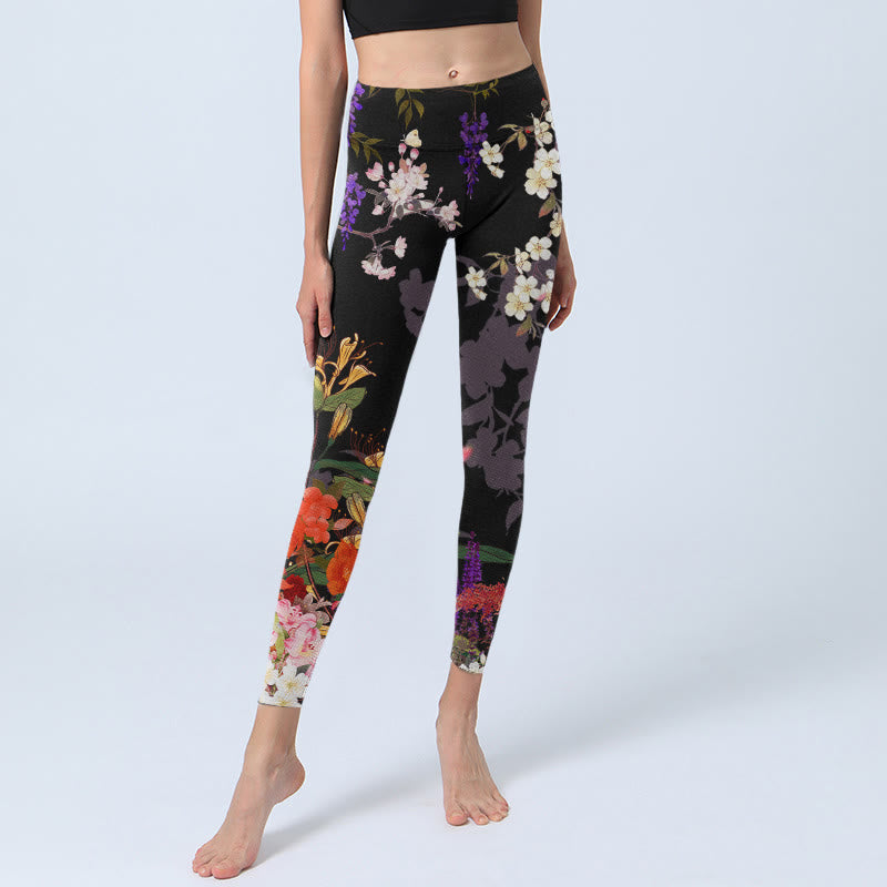 Buddha Stones Black Colorful Flowers Print Gym Leggings Women's Yoga Pants - image 5
