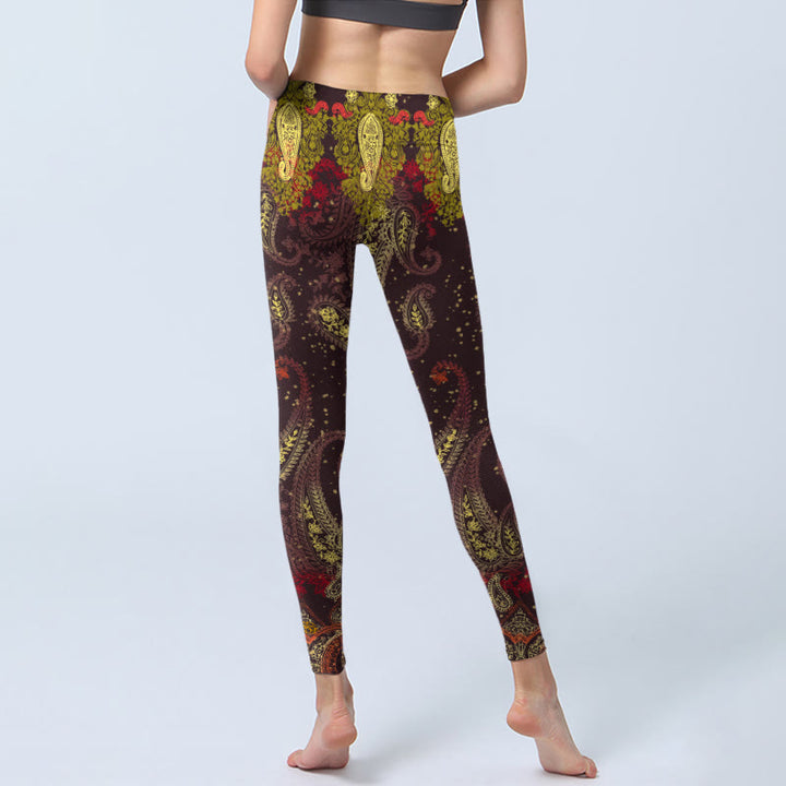 Buddha Stones Reddish-brown Cashew Flower Vines Print Gym Leggings Women's Yoga Pants - image 7
