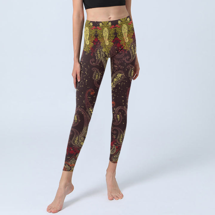 Buddha Stones Reddish-brown Cashew Flower Vines Print Gym Leggings Women's Yoga Pants - image 5