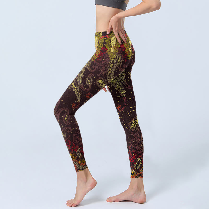 Buddha Stones Reddish-brown Cashew Flower Vines Print Gym Leggings Women's Yoga Pants