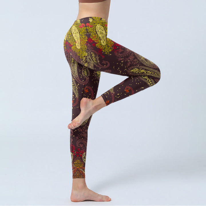 Buddha Stones Reddish-brown Cashew Flower Vines Print Gym Leggings Women's Yoga Pants - image 3