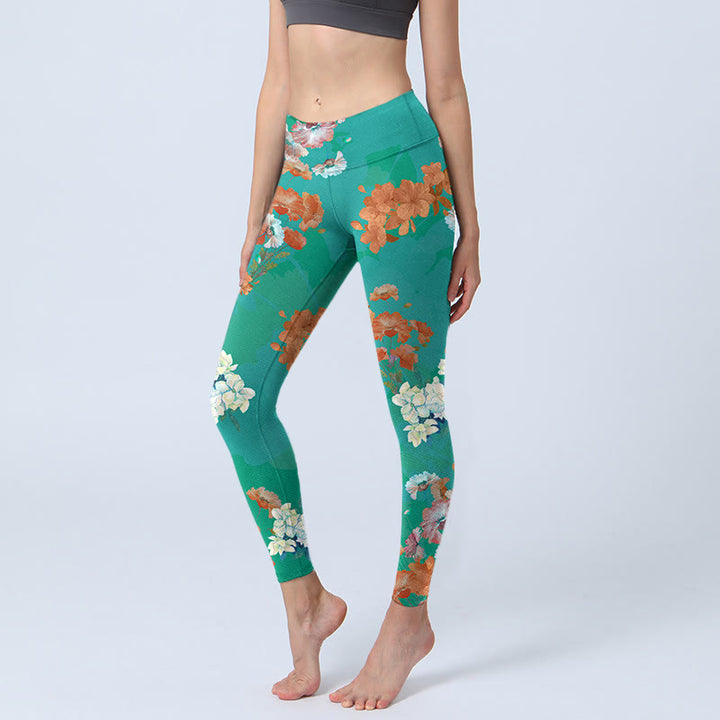 Buddha Stones Green Orange Beige Floral Print Gym Leggings Women's Yoga Pants - Turquoise - US18，UK/AU22，EU50 (4XL) - image 1