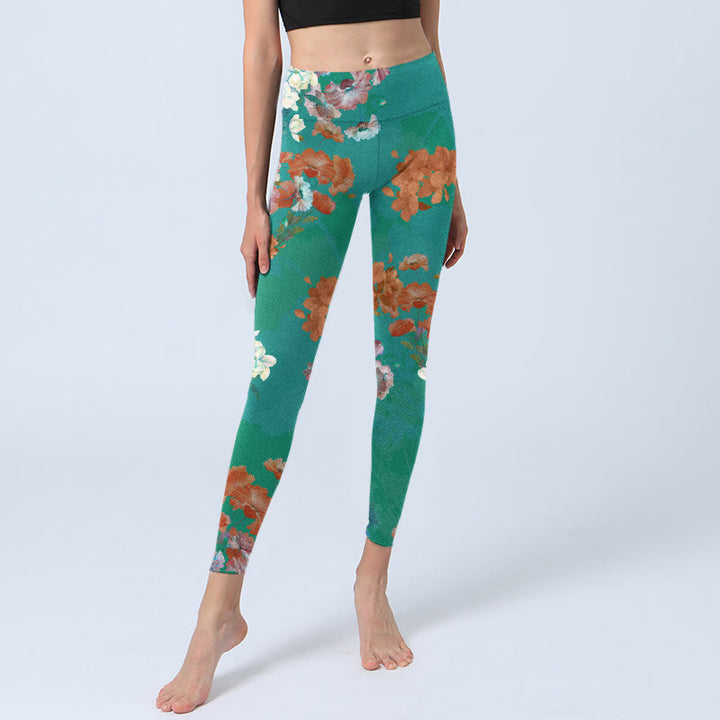 Buddha Stones Green Orange Beige Floral Print Gym Leggings Women's Yoga Pants