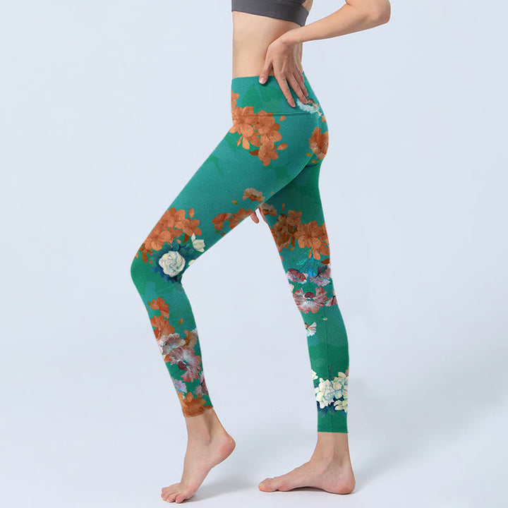 Buddha Stones Green Orange Beige Floral Print Gym Leggings Women's Yoga Pants