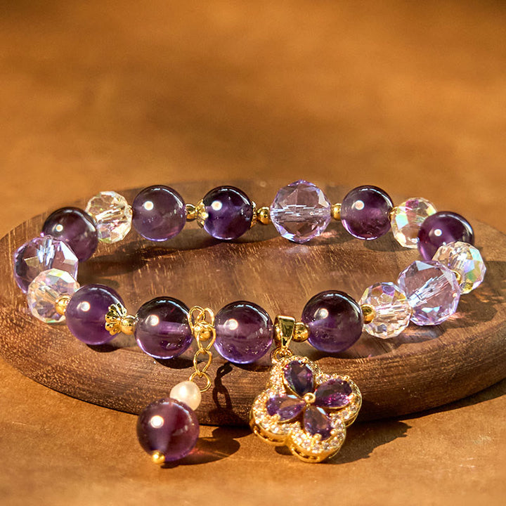 Buddha Stones Natural Amethyst Crystal Four Leaf Clover Spiritual Healing Bracelet