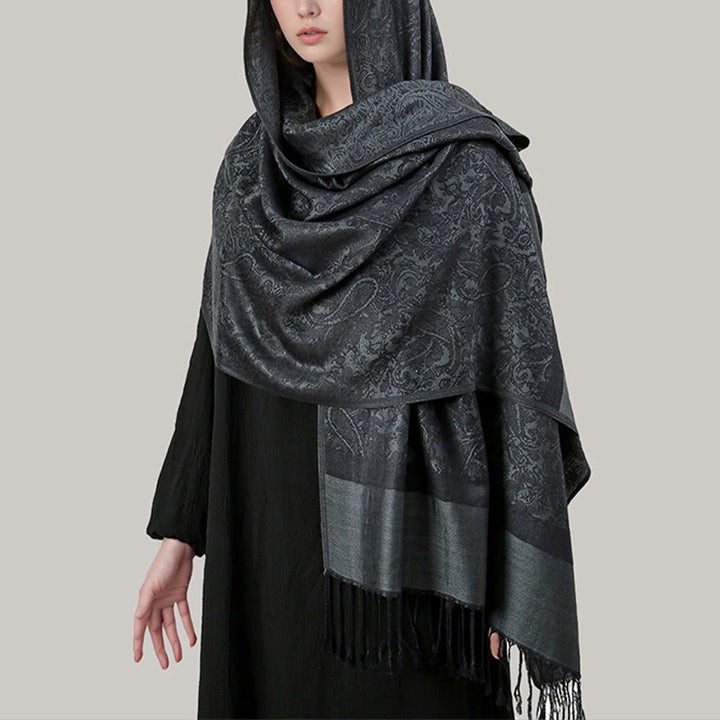 Buddha Stones Tibetan Cashew Jacquard Tassels Shawl Spring Fall Winter Warm Cozy Scarf Wrap - SlateGray 180*70cm - image 22
