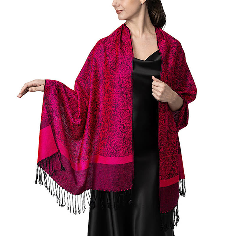 Buddha Stones Tibetan Cashew Jacquard Tassels Shawl Spring Fall Winter Warm Cozy Scarf Wrap - DeepPink 180*70cm - image 11