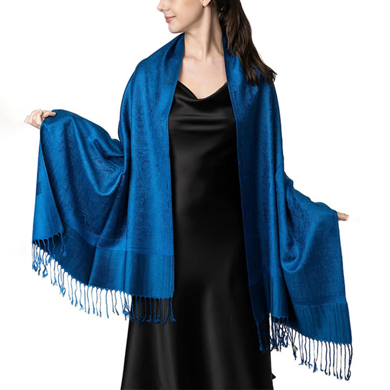 Buddha Stones Tibetan Cashew Jacquard Tassels Shawl Spring Fall Winter Warm Cozy Scarf Wrap - MediumBlue 180*70cm - image 19
