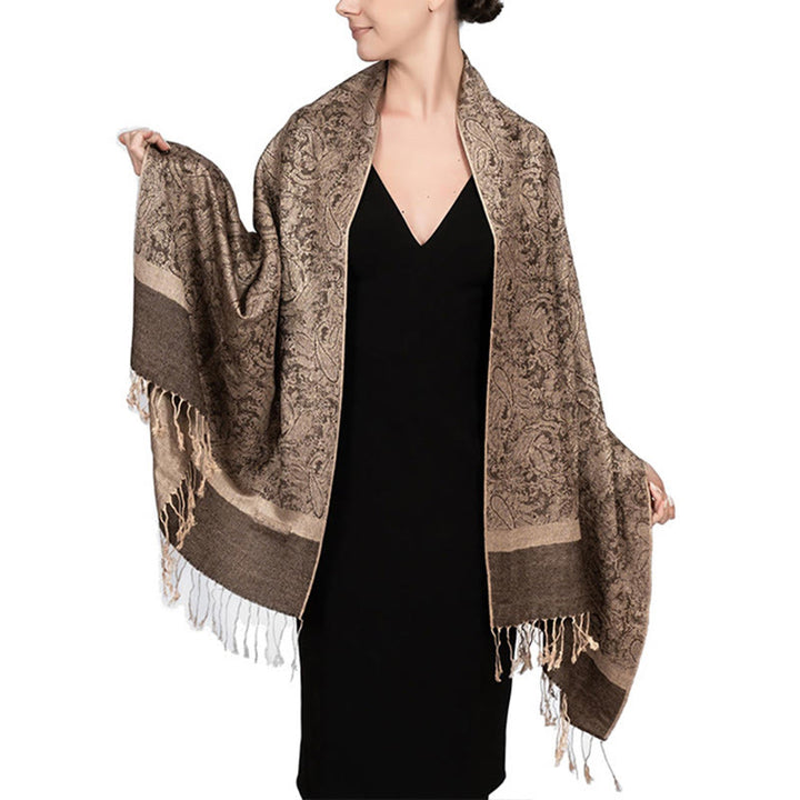 Buddha Stones Tibetan Cashew Jacquard Tassels Shawl Spring Fall Winter Warm Cozy Scarf Wrap - DarkKhaki 180*70cm - image 25