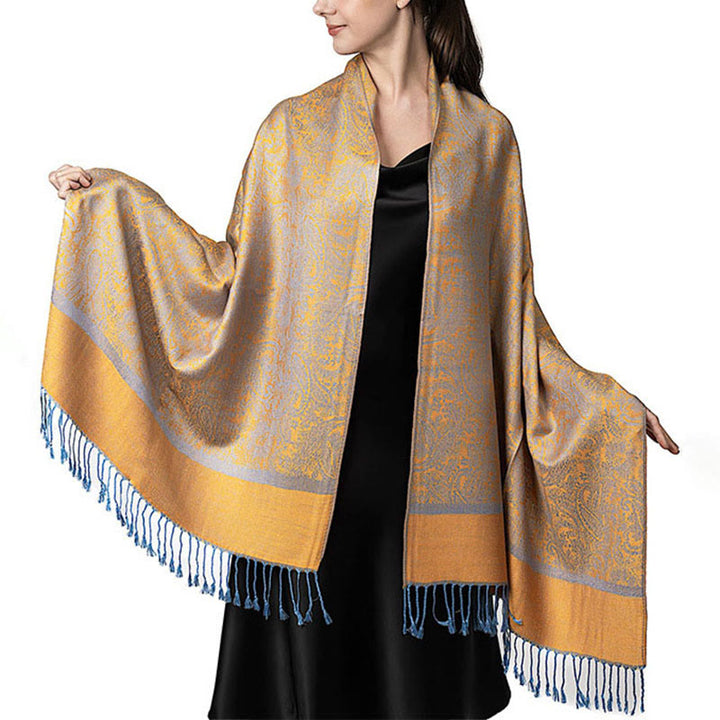 Buddha Stones Tibetan Cashew Jacquard Tassels Shawl Spring Fall Winter Warm Cozy Scarf Wrap - Gold 180*70cm - image 32