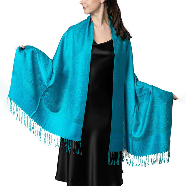 Buddha Stones Tibetan Cashew Jacquard Tassels Shawl Spring Fall Winter Warm Cozy Scarf Wrap - Cyan 180*70cm - image 38