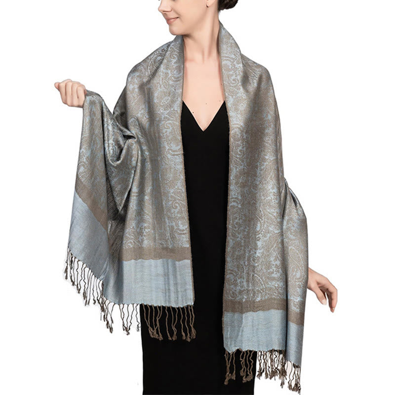 Buddha Stones Tibetan Cashew Jacquard Tassels Shawl Spring Fall Winter Warm Cozy Scarf Wrap - LightSteelBlue 180*70cm - image 41
