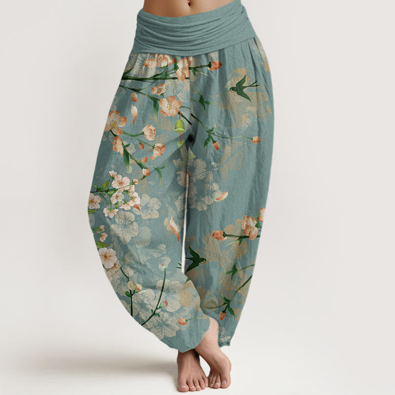 Buddha Stones Peach Blossoms Flying Geese Pattern Women's Elastic Waist Harem Pants - MediumAquamarine - US22，UK/AU26，EU54 (6XL) - image 0