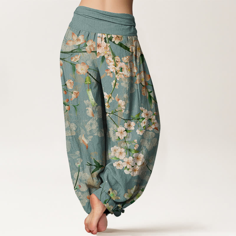 Buddha Stones Cotton Peach Blossoms Flying Geese Pattern Women's Elastic Waist Harem Pants - image 2