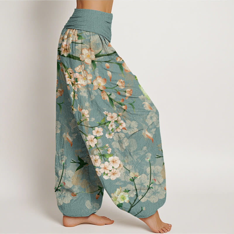Buddha Stones Peach Blossoms Flying Geese Pattern Women's Elastic Waist Harem Pants - image 1