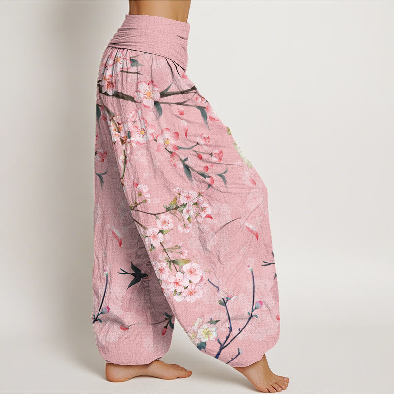 Buddha Stones Peach Blossoms Flying Geese Pattern Women's Elastic Waist Harem Pants - image 5